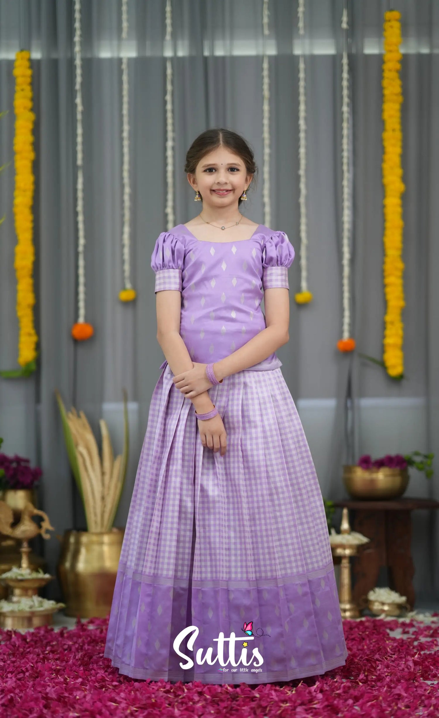 Blended Silk Pavadai Sattai - Lavender and White Kids-Suttis