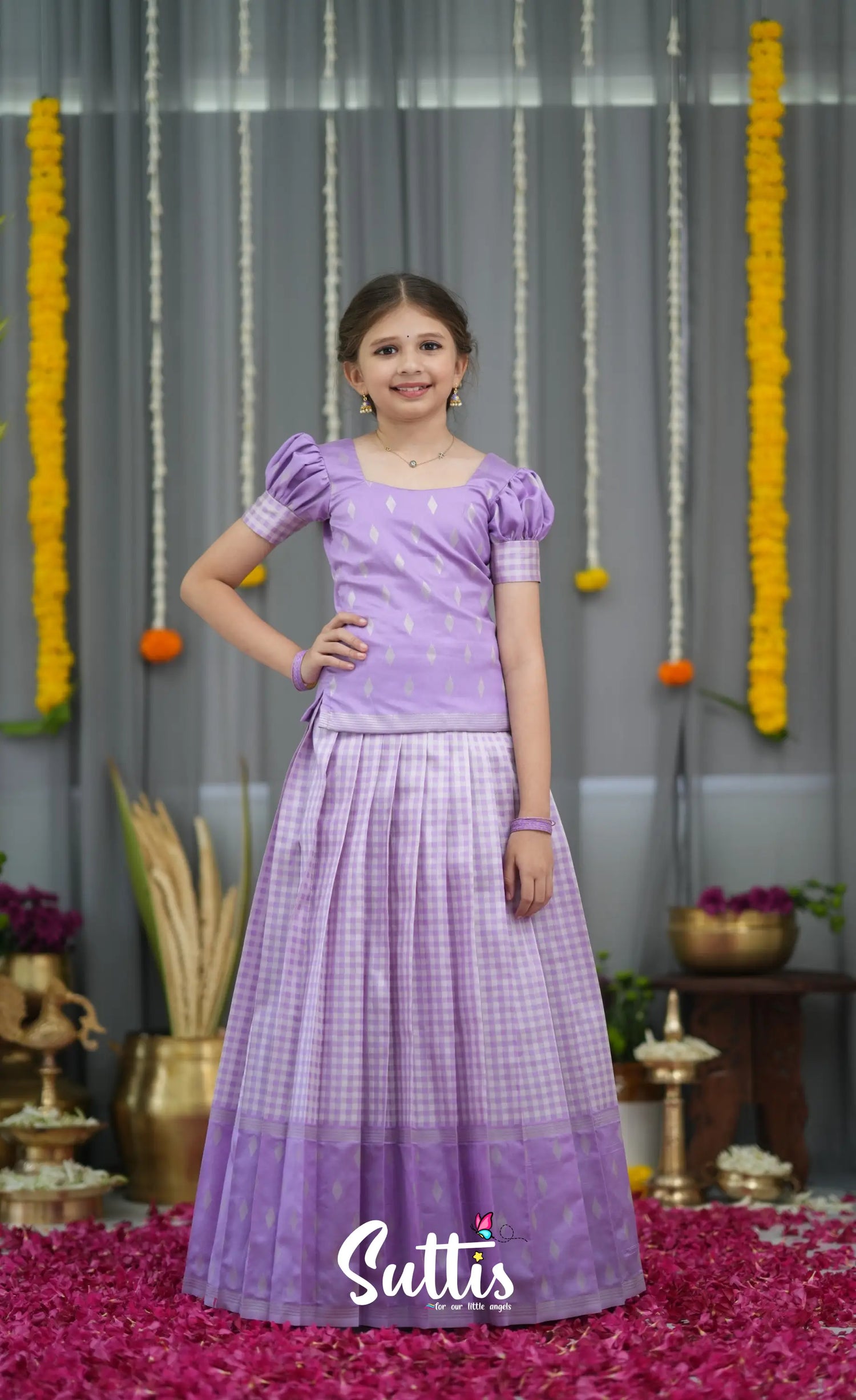Blended Silk Pavadai Sattai - Lavender and White Kids-Suttis