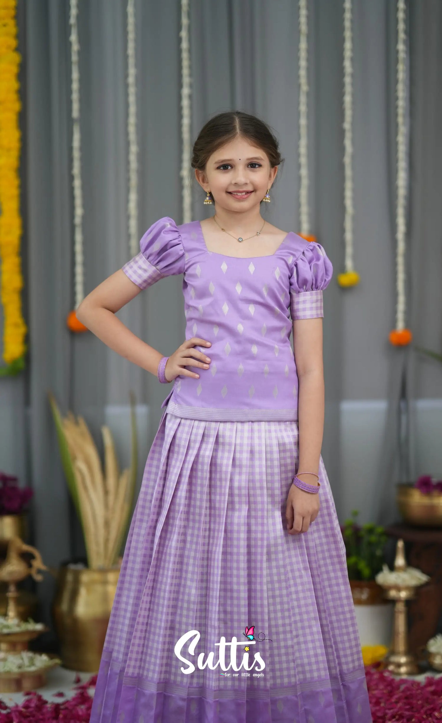 Blended Silk Pavadai Sattai - Lavender and White Kids-Suttis