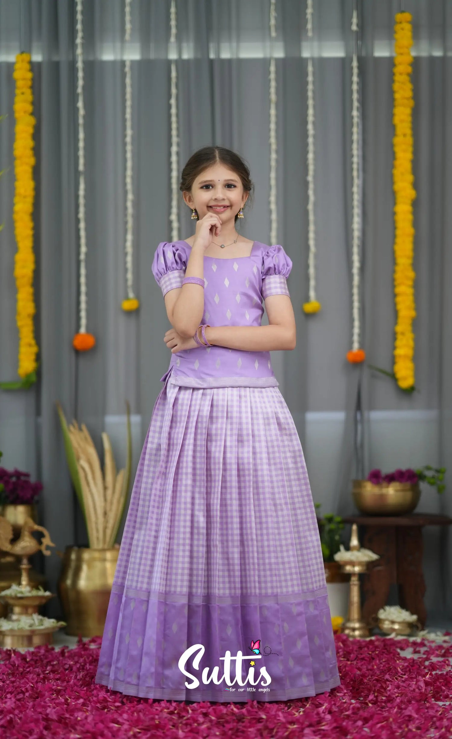 Blended Silk Pavadai Sattai - Lavender and White Kids-Suttis