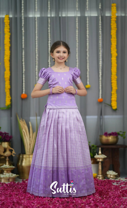 Blended Silk Pavadai Sattai - Lavender and White Kids-Suttis