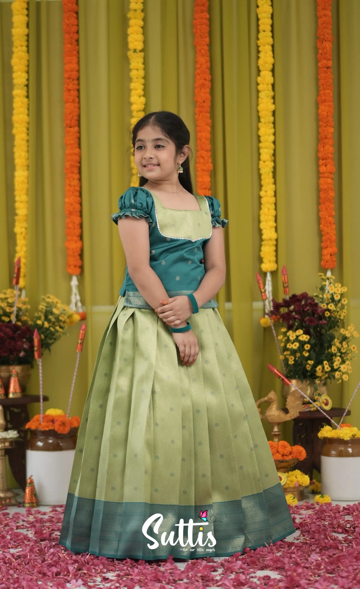 Blended Silk Pavadai Sattai - Light Green and Dark Green Kids-Suttis