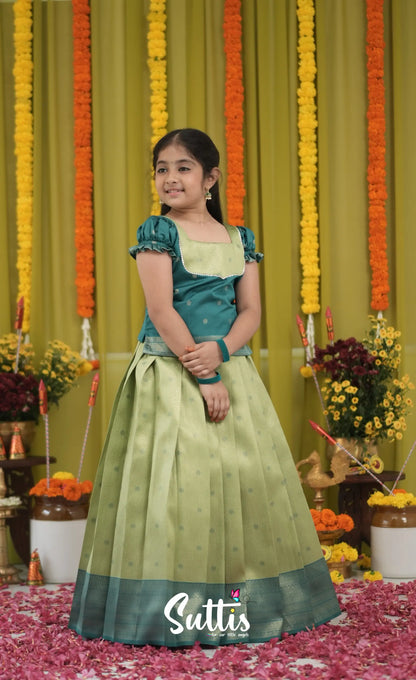 Blended Silk Pavadai Sattai - Light Green and Dark Green Kids-Suttis