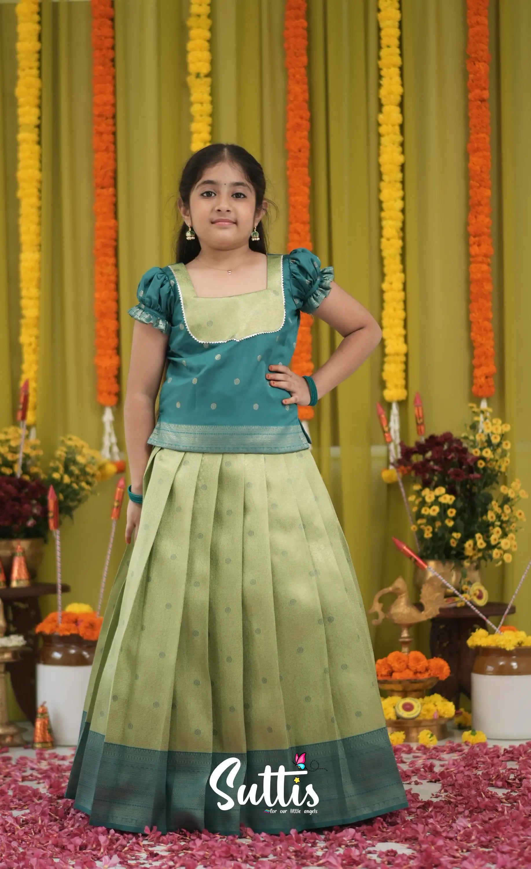 Blended Silk Pavadai Sattai - Light Green and Dark Green Kids-Suttis