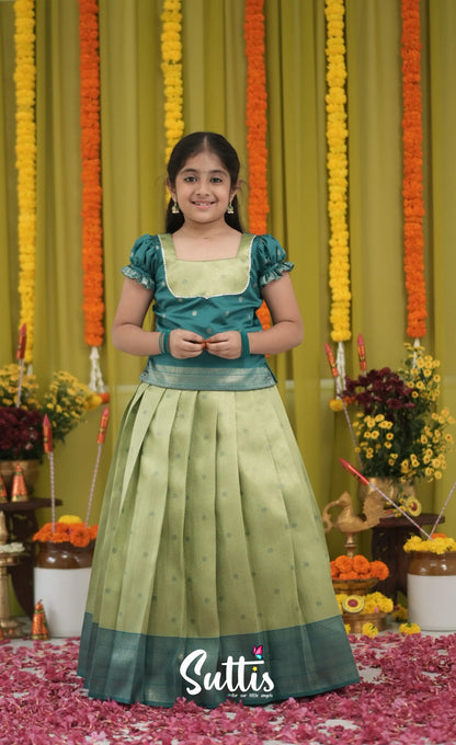 Blended Silk Pavadai Sattai - Light Green and Dark Green Kids-Suttis