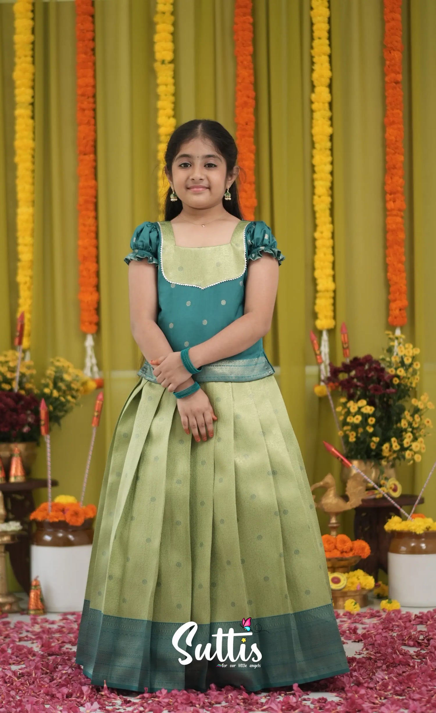 Blended Silk Pavadai Sattai - Light Green and Dark Green Kids-Suttis
