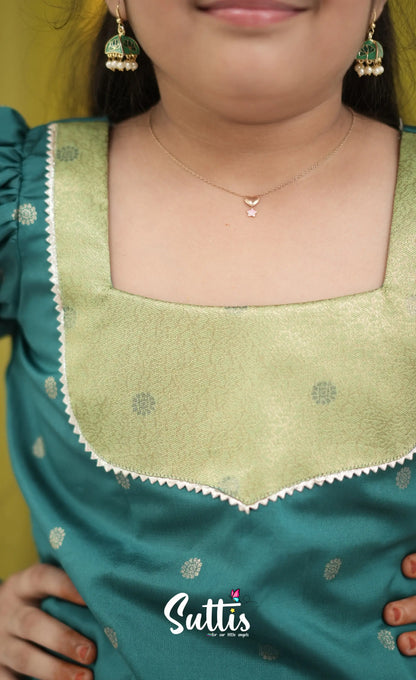 Blended Silk Pavadai Sattai - Light Green and Dark Green Kids-Suttis
