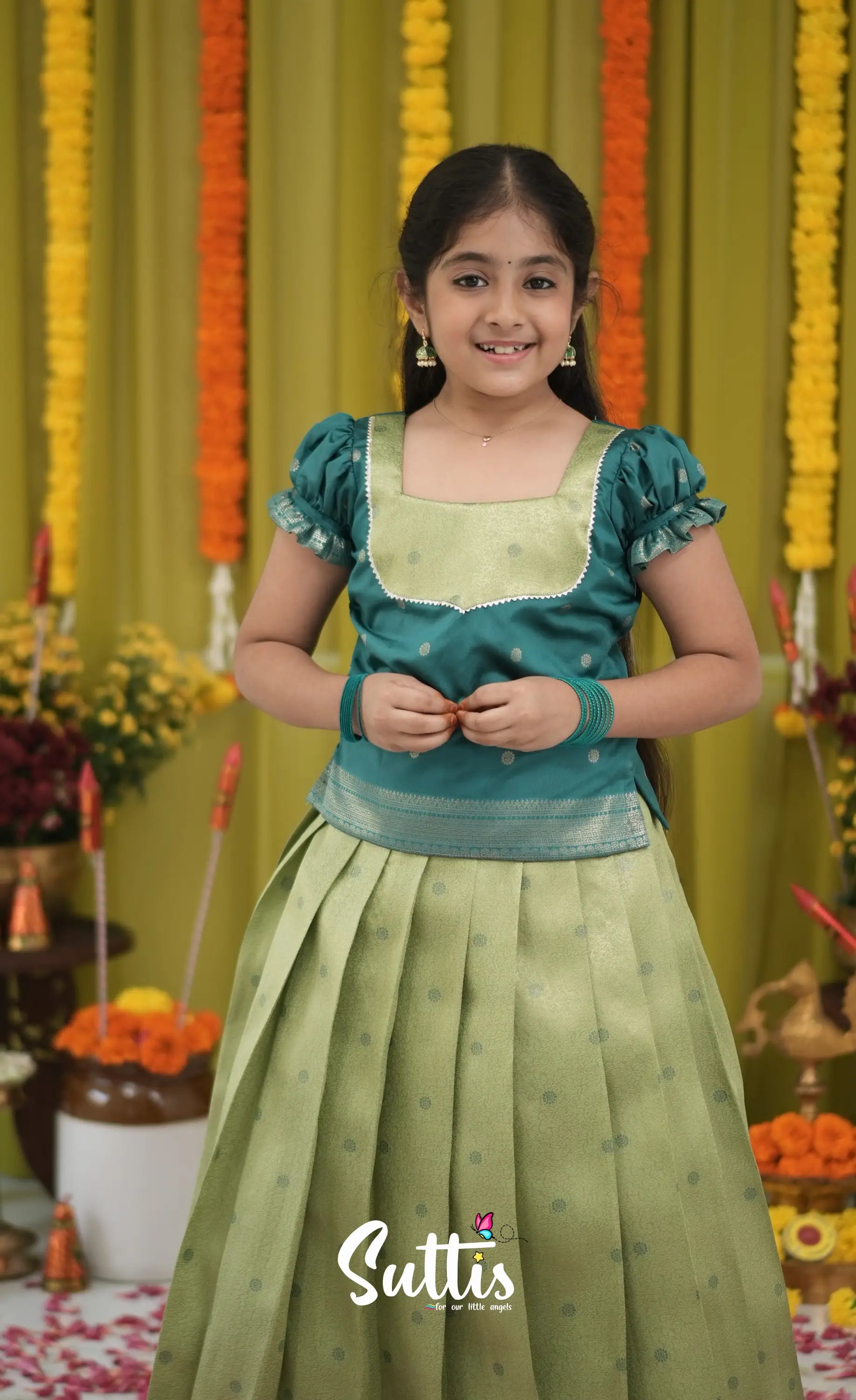 Blended Silk Pavadai Sattai - Light Green and Dark Green Kids-Suttis