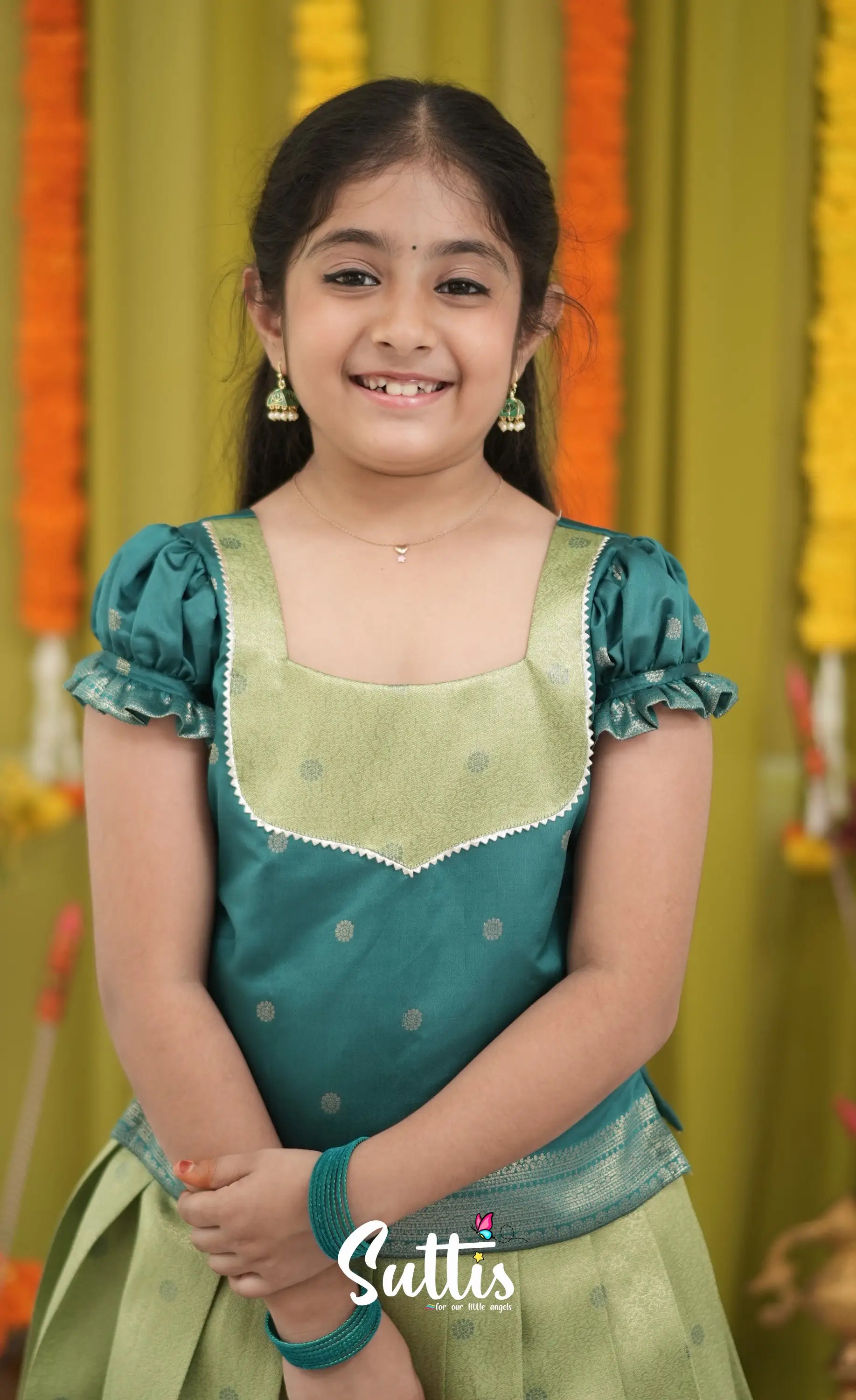 Blended Silk Pavadai Sattai - Light Green and Dark Green Kids-Suttis