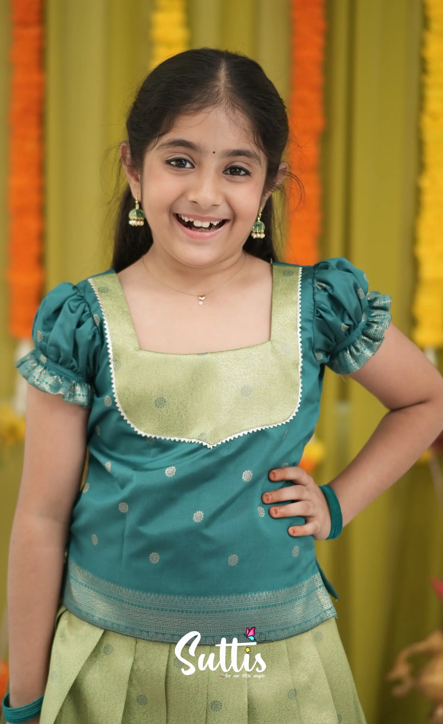 Blended Silk Pavadai Sattai - Light Green and Dark Green Kids-Suttis