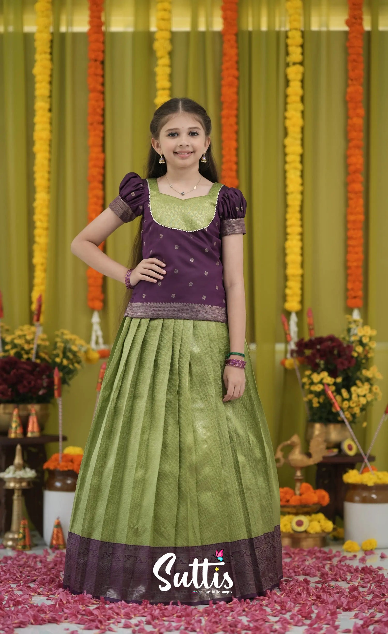Blended Silk Pavadai Sattai - Light Green and Royal Purple Kids-Suttis