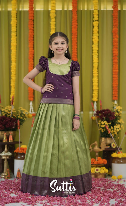Blended Silk Pavadai Sattai - Light Green and Royal Purple Kids-Suttis