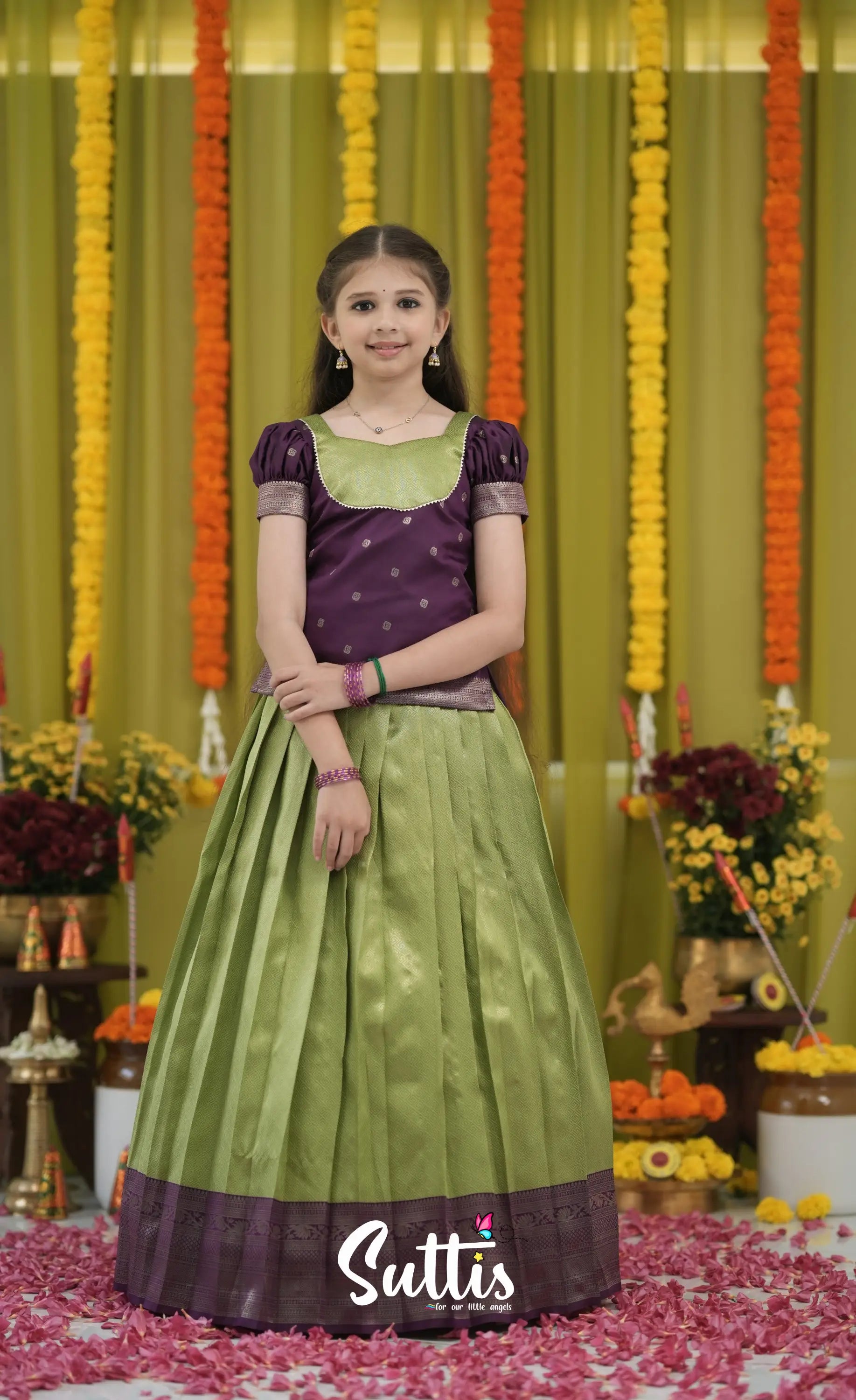 Blended Silk Pavadai Sattai - Light Green and Royal Purple Kids-Suttis
