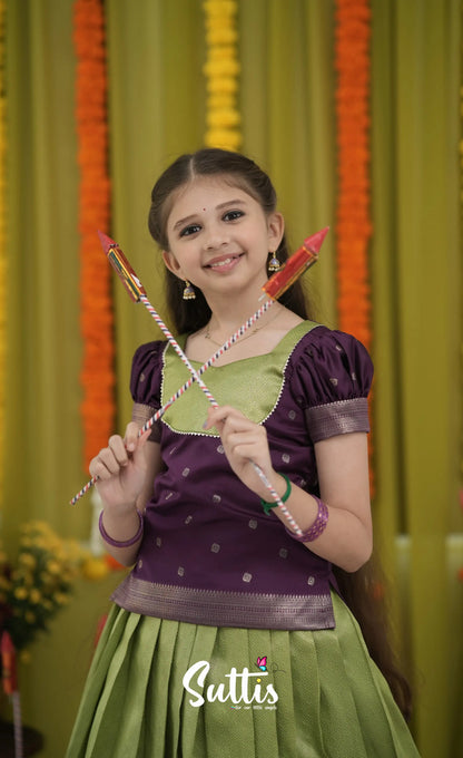 Blended Silk Pavadai Sattai - Light Green and Royal Purple Kids-Suttis