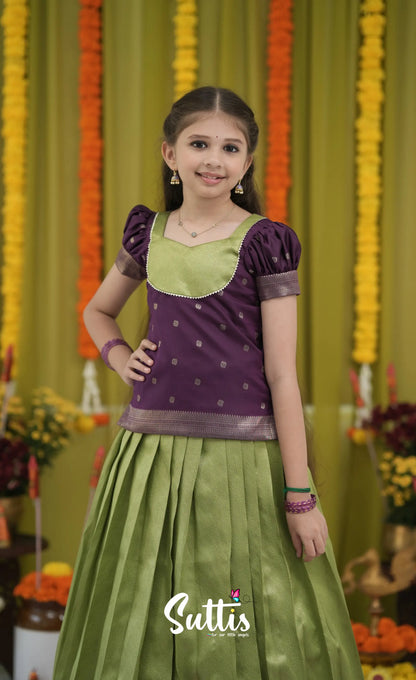 Blended Silk Pavadai Sattai - Light Green and Royal Purple Kids-Suttis