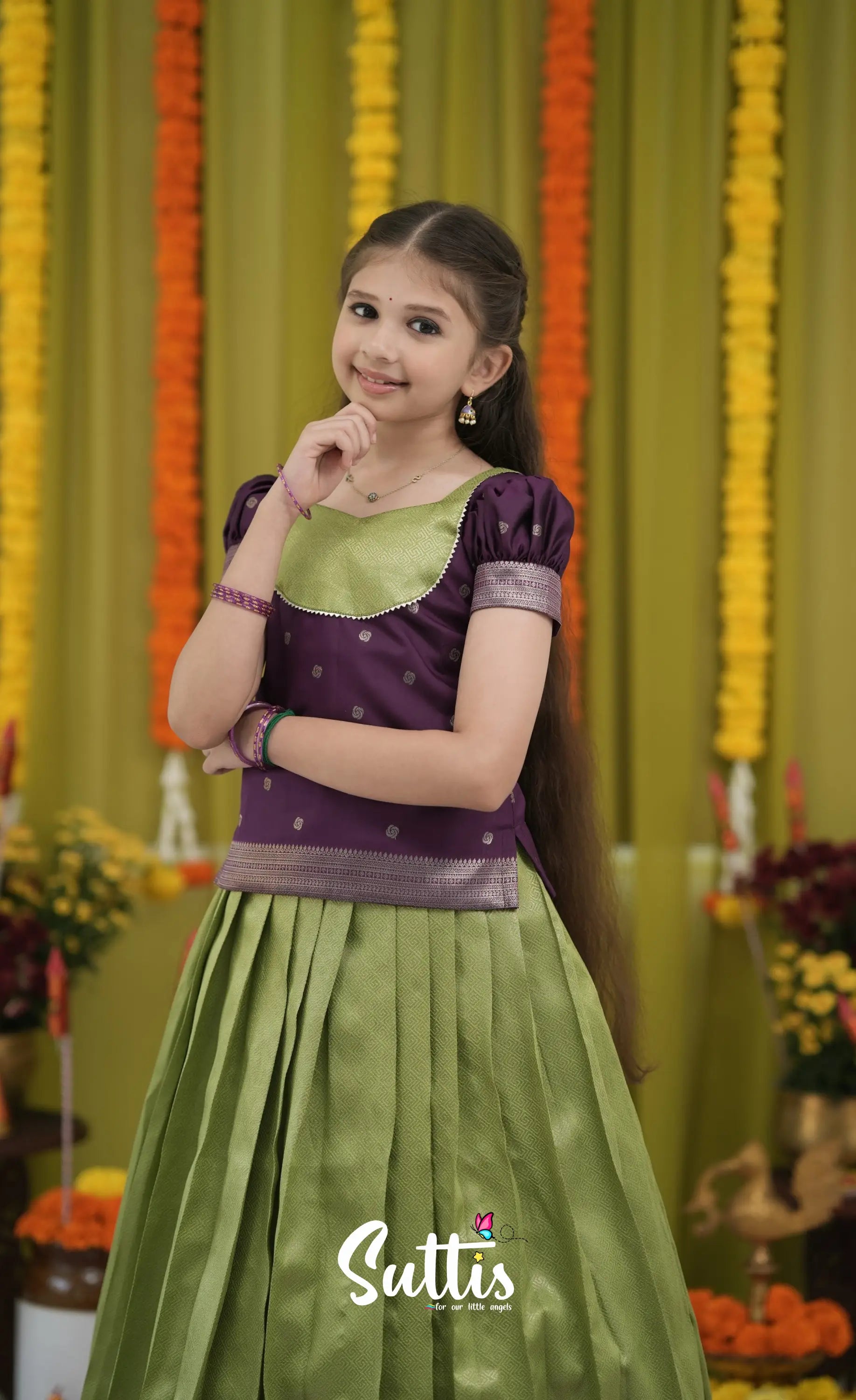 Blended Silk Pavadai Sattai - Light Green and Royal Purple Kids-Suttis