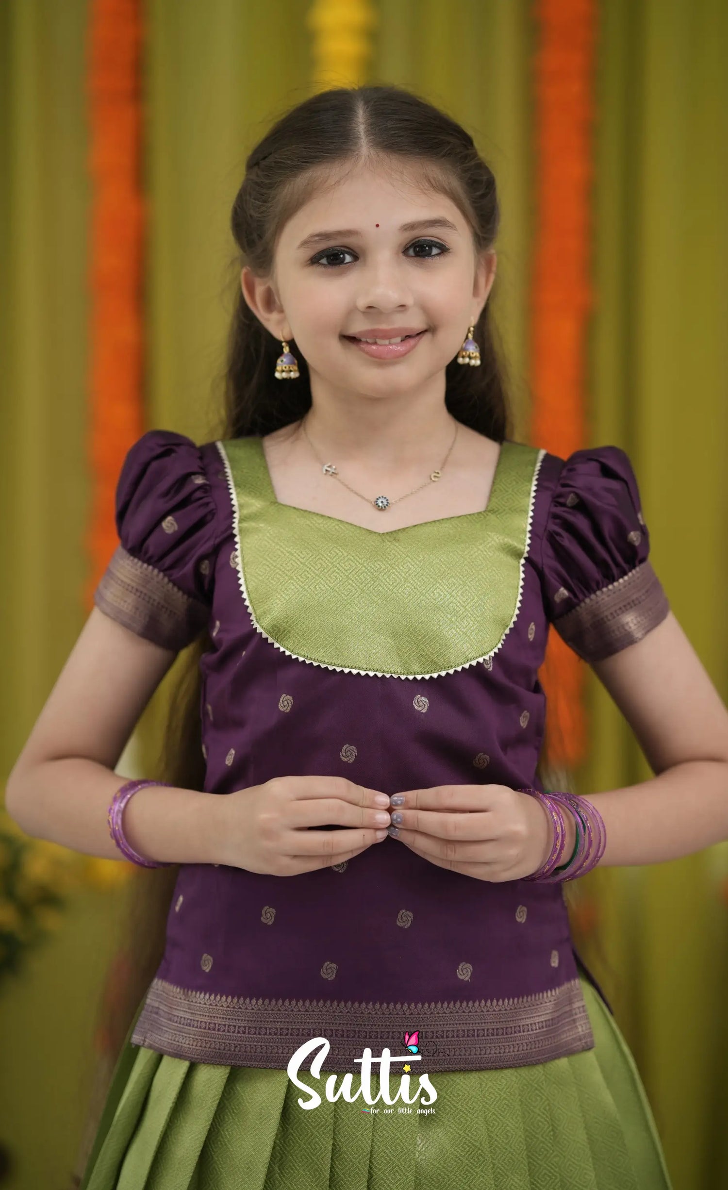 Blended Silk Pavadai Sattai - Light Green and Royal Purple Kids-Suttis
