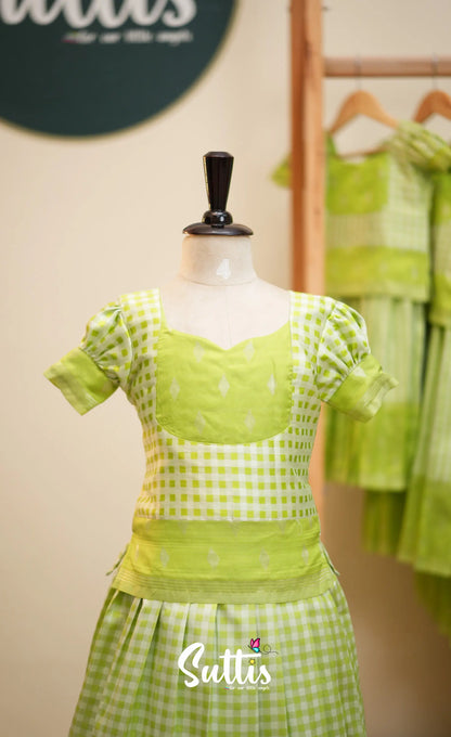 Blended Silk Pavadai Sattai - Light Green and White Checks - Kids-Suttis