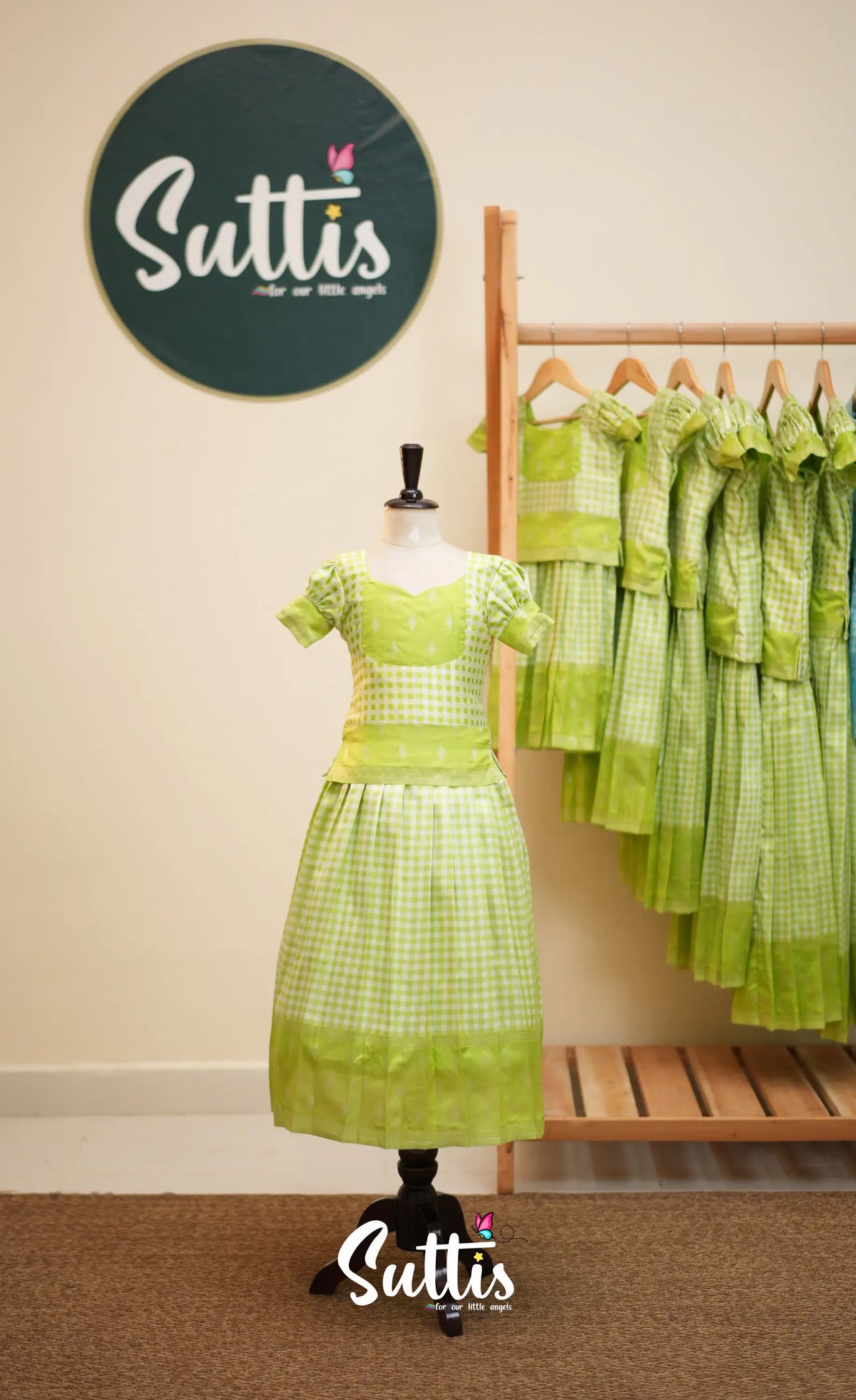 Blended Silk Pavadai Sattai - Light Green and White Checks - Kids-Suttis