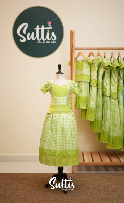 Blended Silk Pavadai Sattai - Light Green and White Checks - Kids-Suttis
