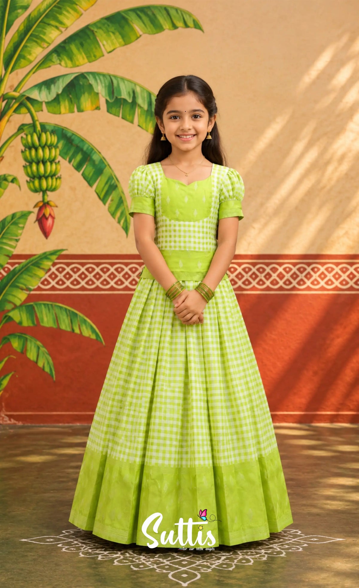 Blended Silk Pavadai Sattai - Light Green and White Checks - Kids-Suttis