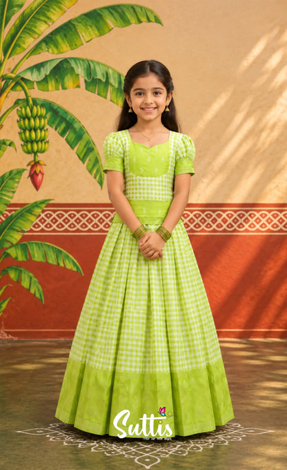 Blended Silk Pavadai Sattai - Light Green and White Checks - Kids-Suttis