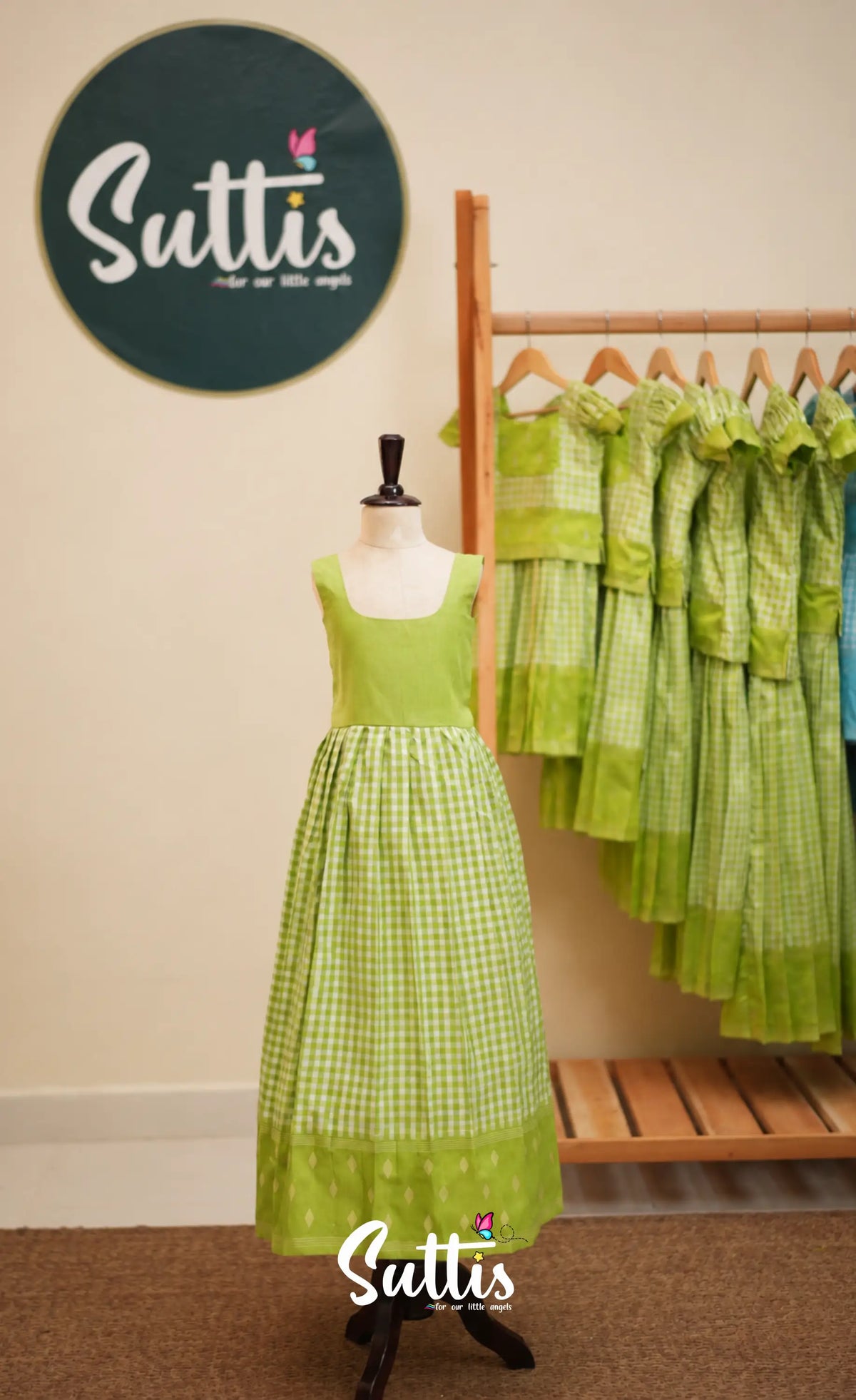 Blended Silk Pavadai Sattai - Light Green and White Checks - Kids-Suttis