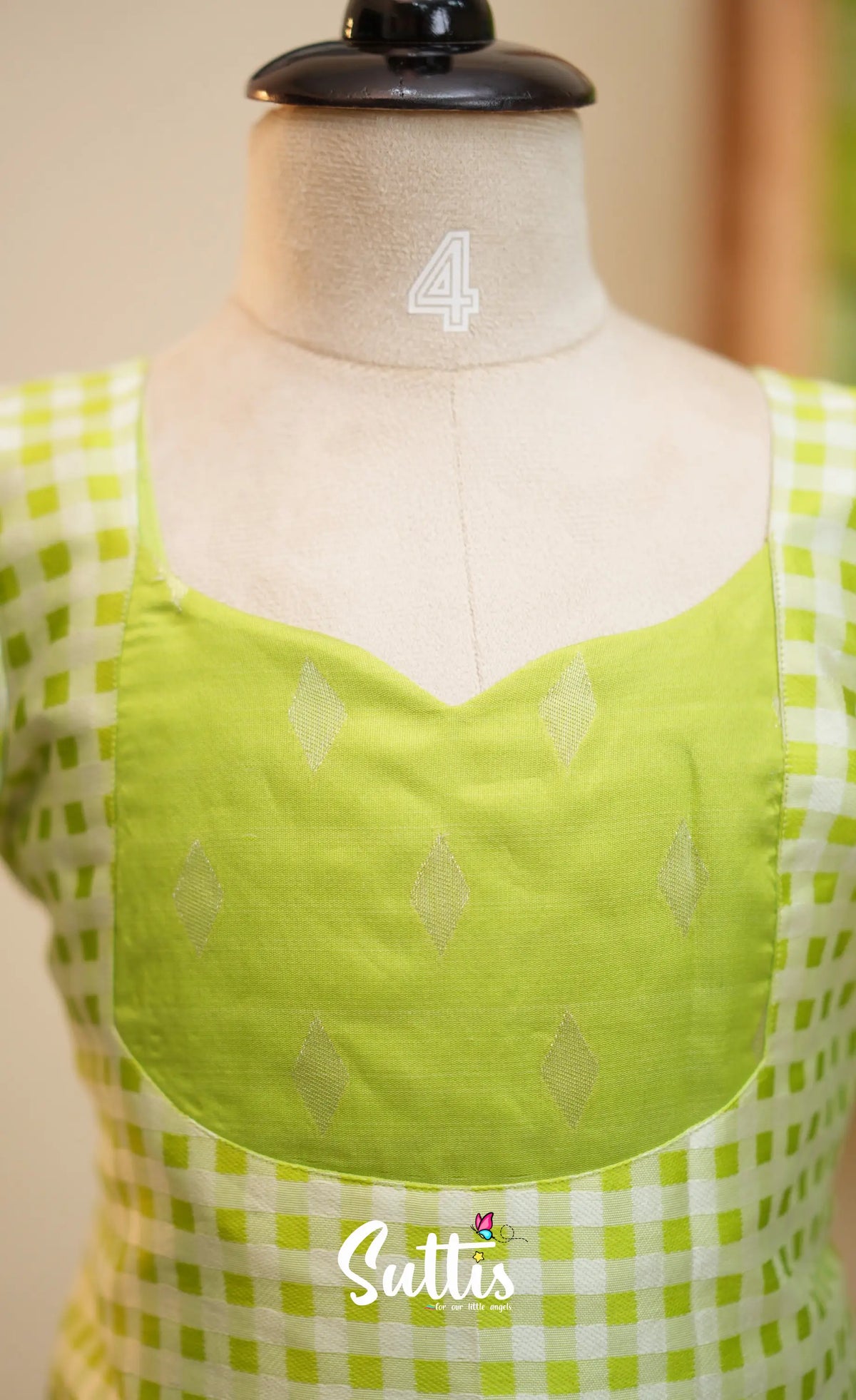 Blended Silk Pavadai Sattai - Light Green and White Checks - Kids-Suttis