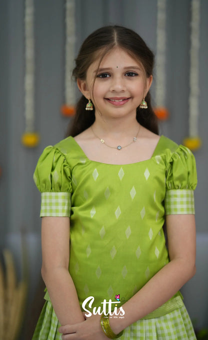Blended Silk Pavadai Sattai - Light Green and White Kids-Suttis