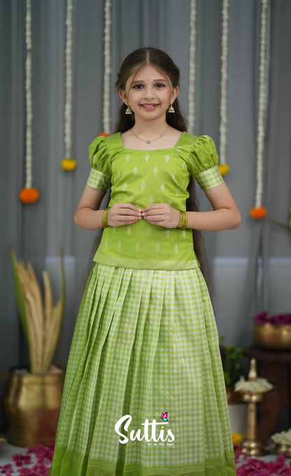 Blended Silk Pavadai Sattai - Light Green and White Kids-Suttis