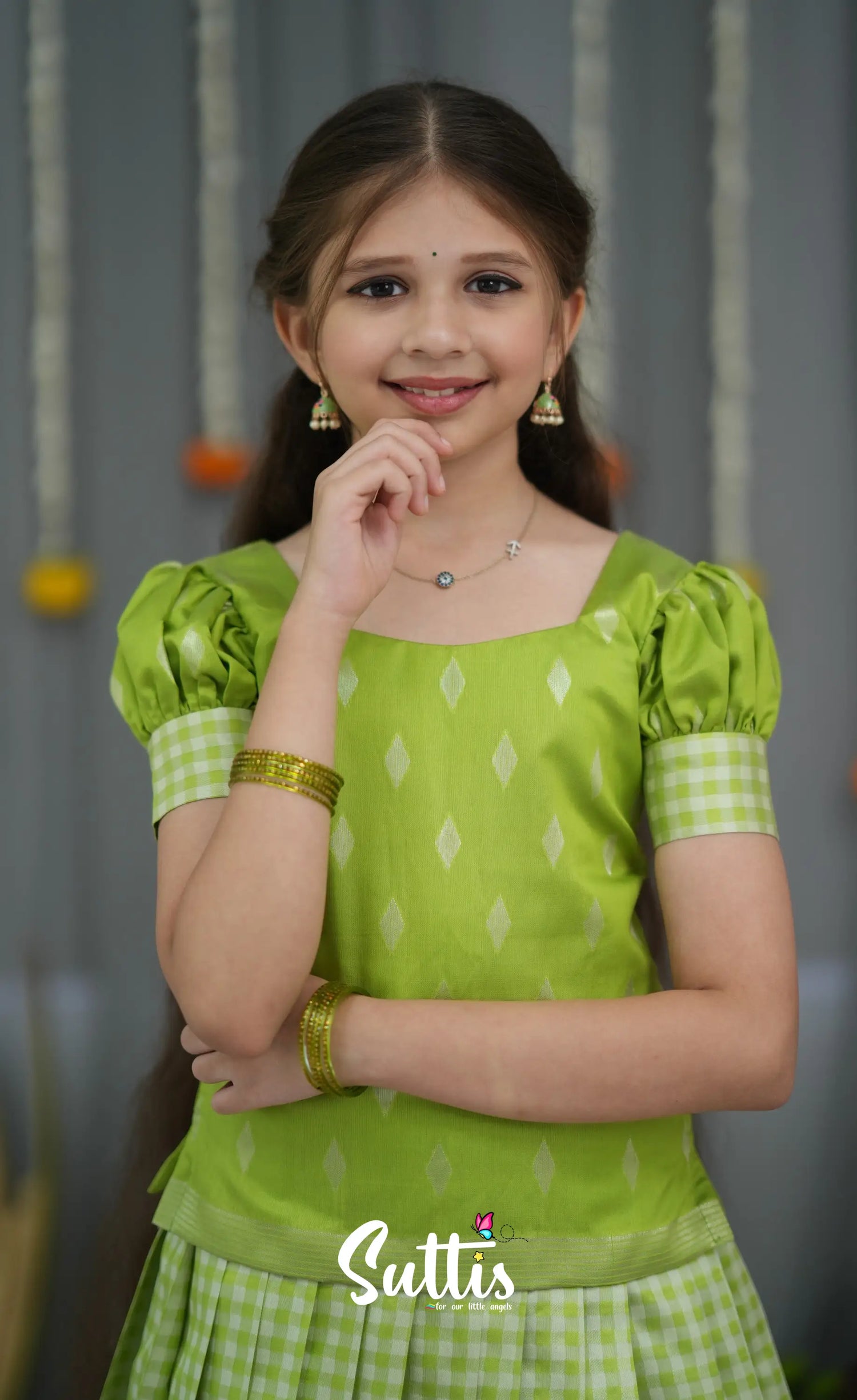 Blended Silk Pavadai Sattai - Light Green and White Kids-Suttis