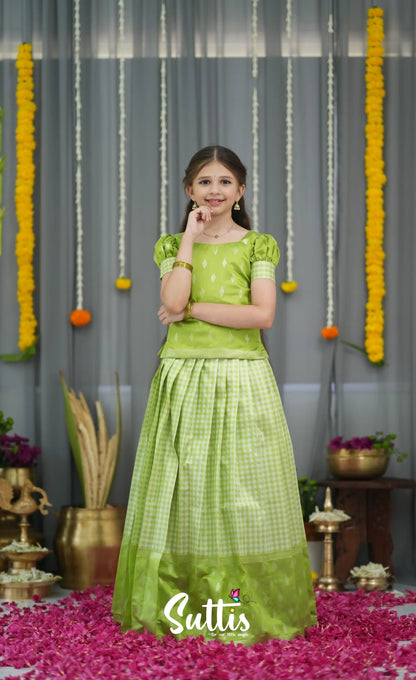 Blended Silk Pavadai Sattai - Light Green and White Kids-Suttis