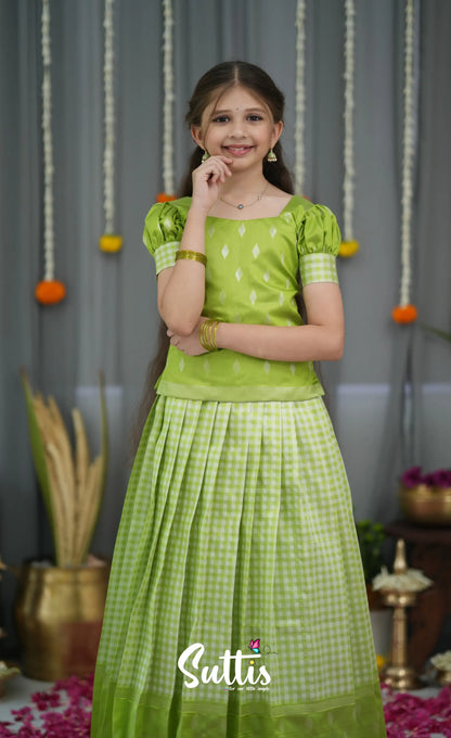 Blended Silk Pavadai Sattai - Light Green and White Kids-Suttis