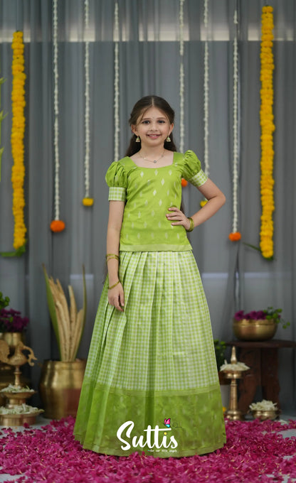 Blended Silk Pavadai Sattai - Light Green and White Kids-Suttis