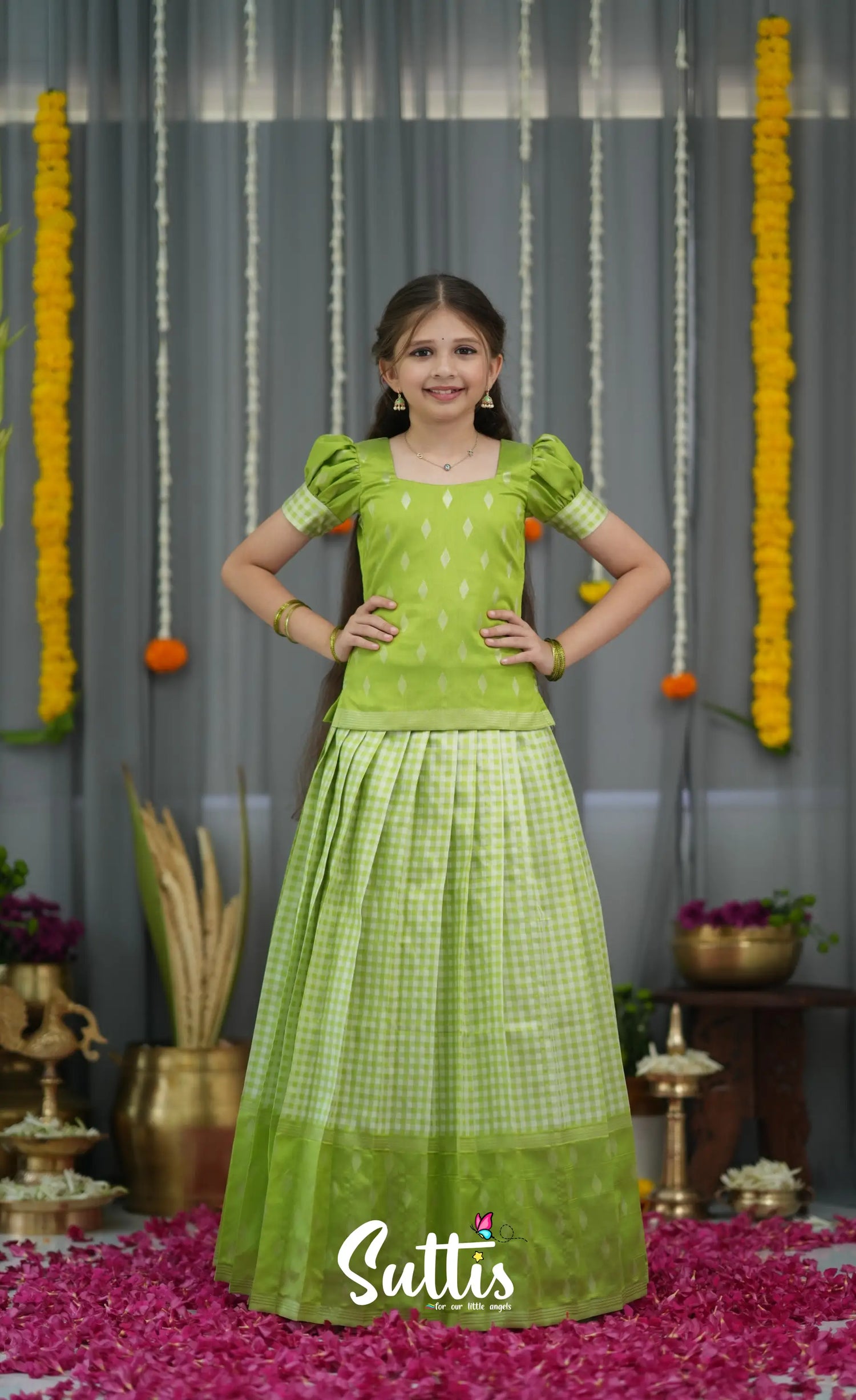 Blended Silk Pavadai Sattai - Light Green and White Kids-Suttis