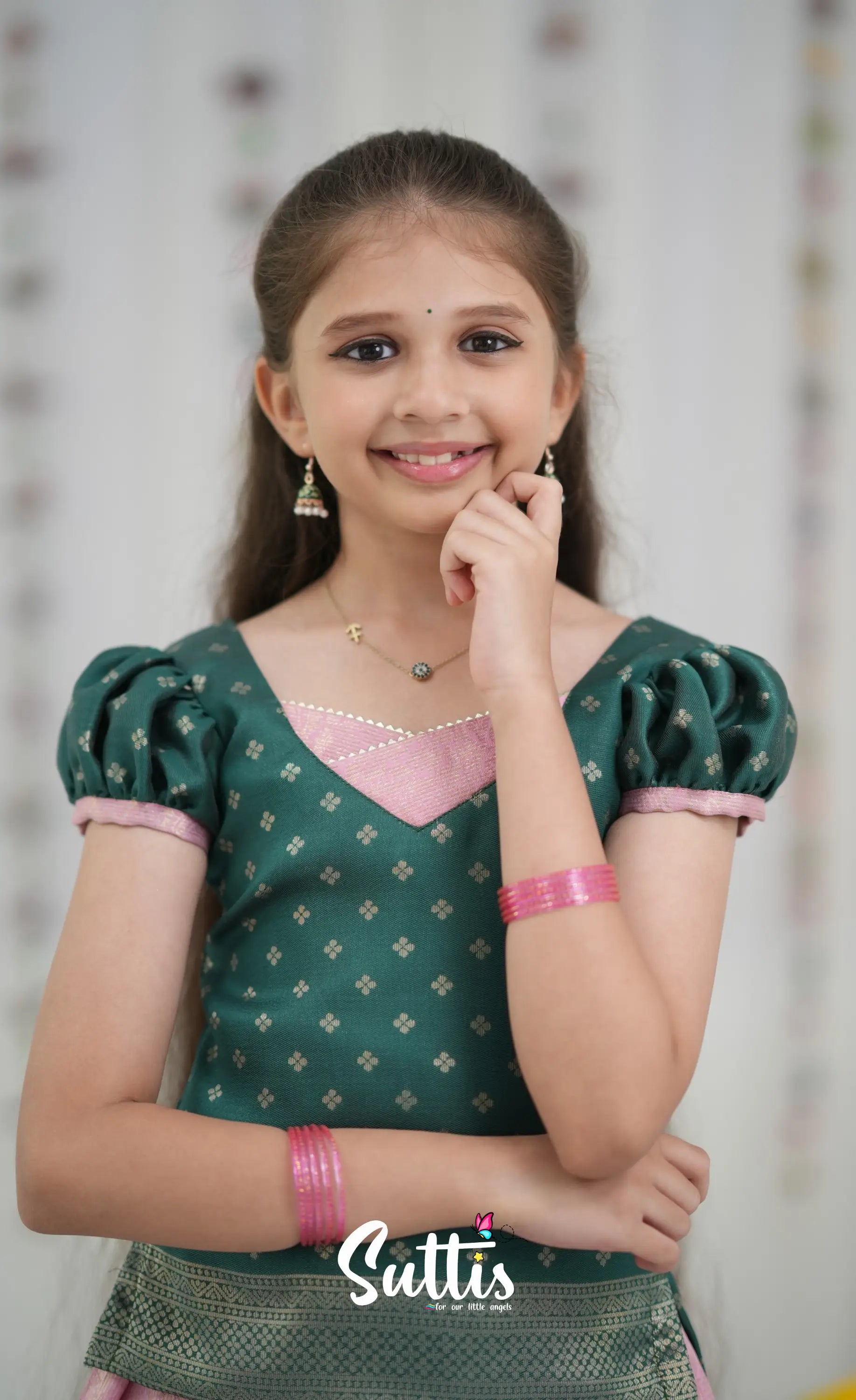 Blended Silk Pavadai Sattai Light Pink and Bottle Green Kids Suttis