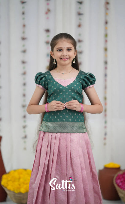 Blended Silk Pavadai Sattai Light Pink and Bottle Green Kids Suttis