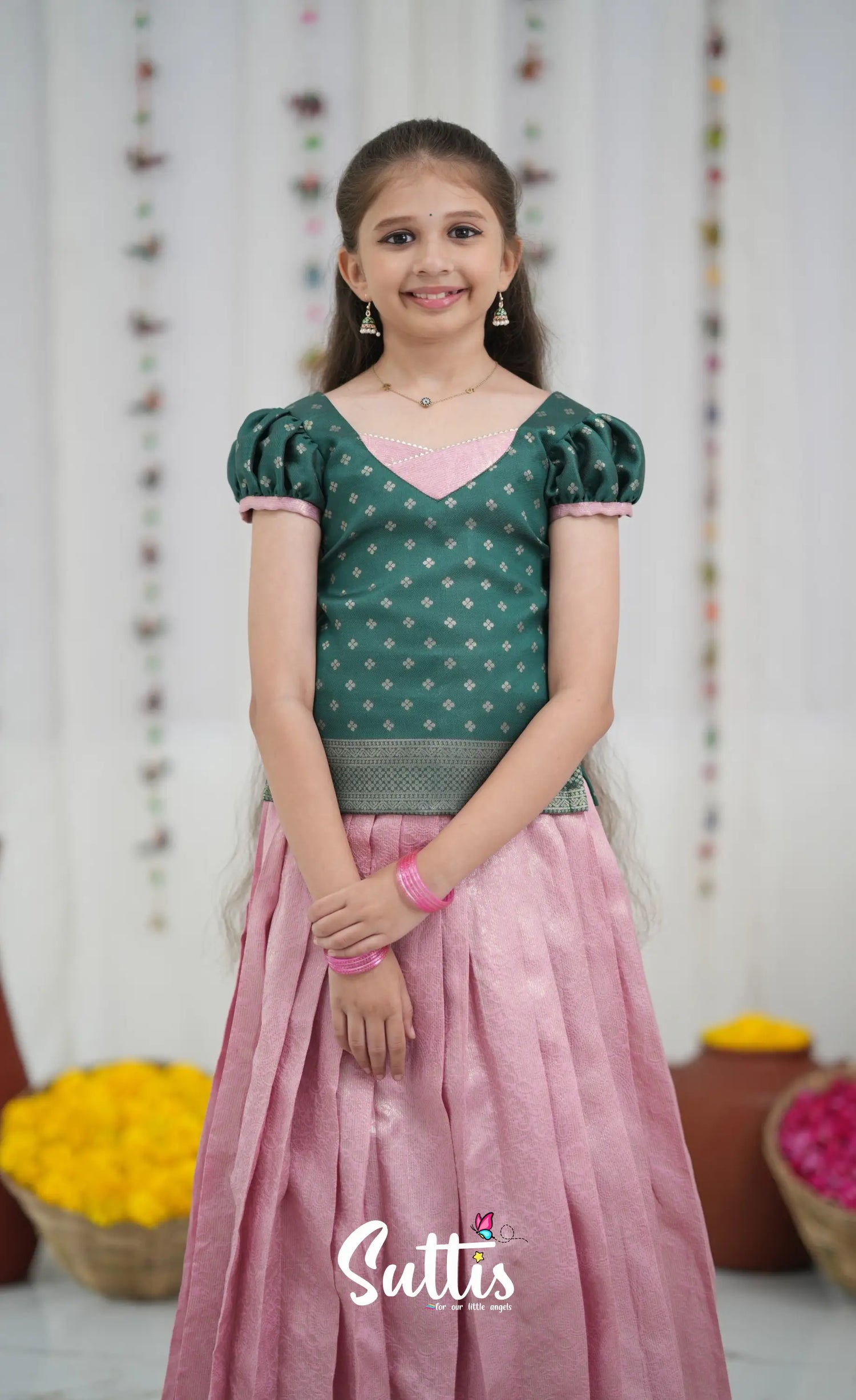 Blended Silk Pavadai Sattai Light Pink and Bottle Green Kids Suttis