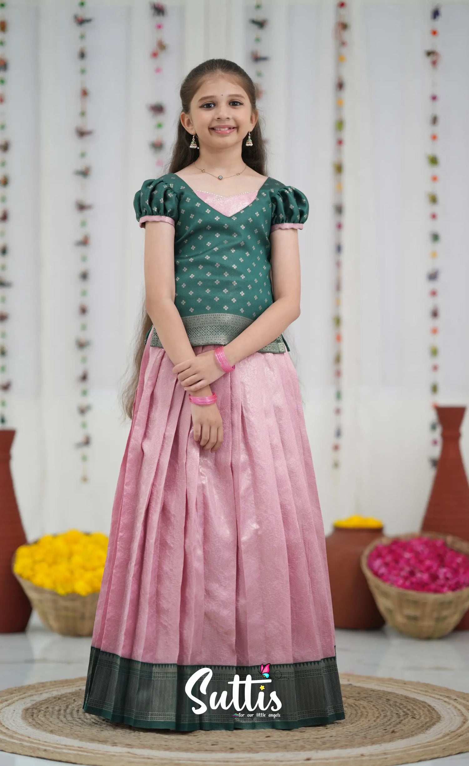 Blended Silk Pavadai Sattai Light Pink and Bottle Green Kids Suttis