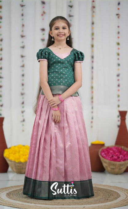 Blended Silk Pavadai Sattai Light Pink and Bottle Green Kids Suttis