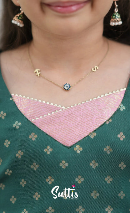 Blended Silk Pavadai Sattai Light Pink and Bottle Green Kids Suttis