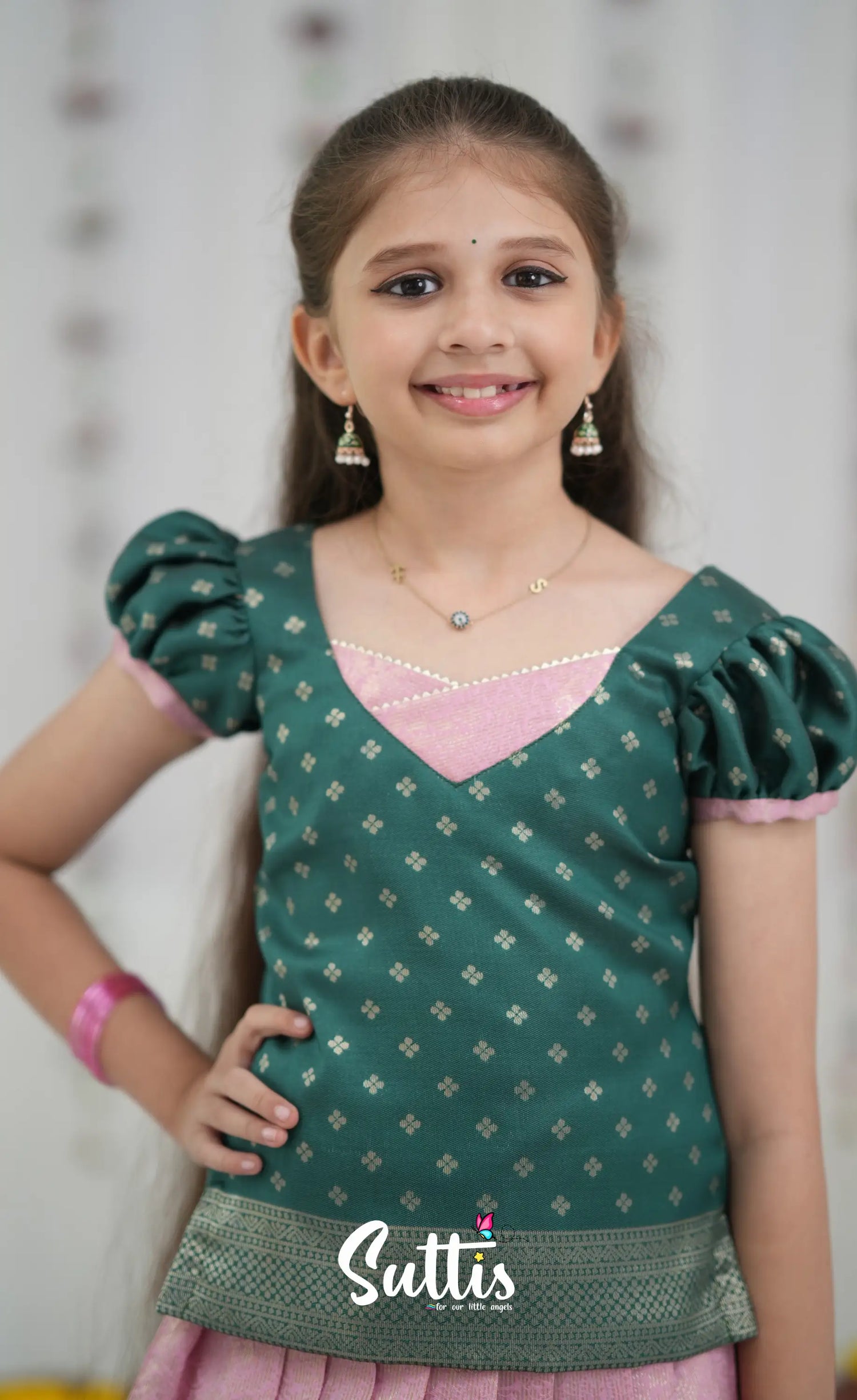 Blended Silk Pavadai Sattai Light Pink and Bottle Green Kids Suttis