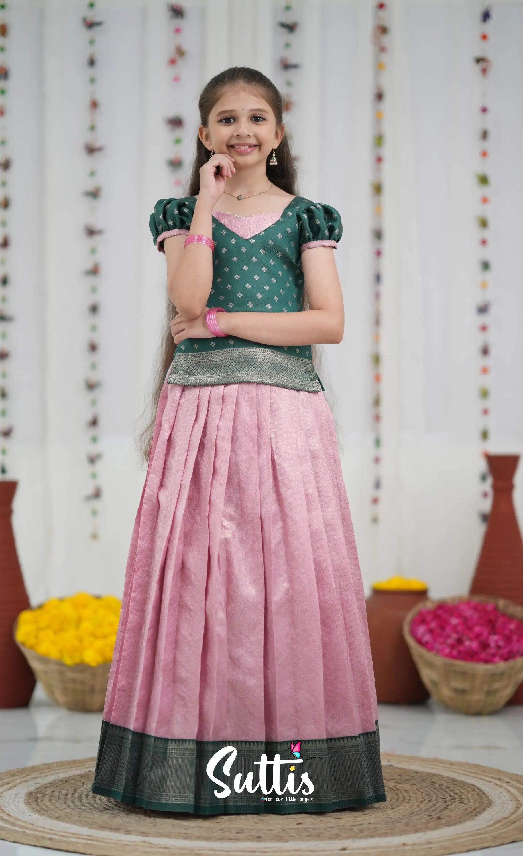 Blended Silk Pavadai Sattai Light Pink and Bottle Green Kids Suttis