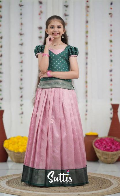 Blended Silk Pavadai Sattai Light Pink and Bottle Green Kids Suttis