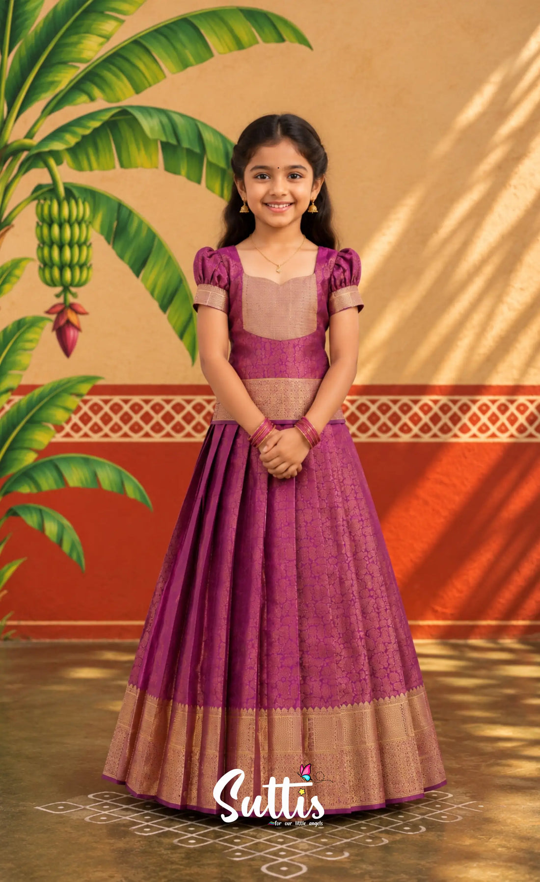 Blended Silk Pavadai Sattai - Magenta - Kids-Suttis