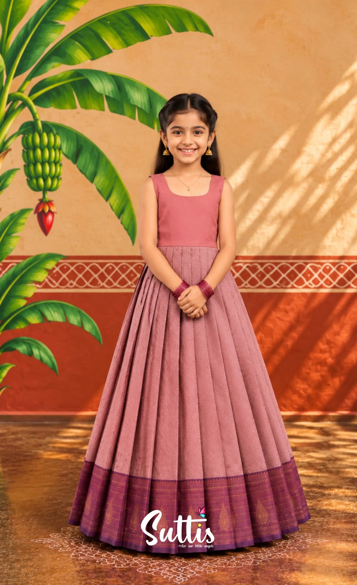 Blended Silk Pavadai Sattai - Mauve and Deep Magenta - Kids-Suttis