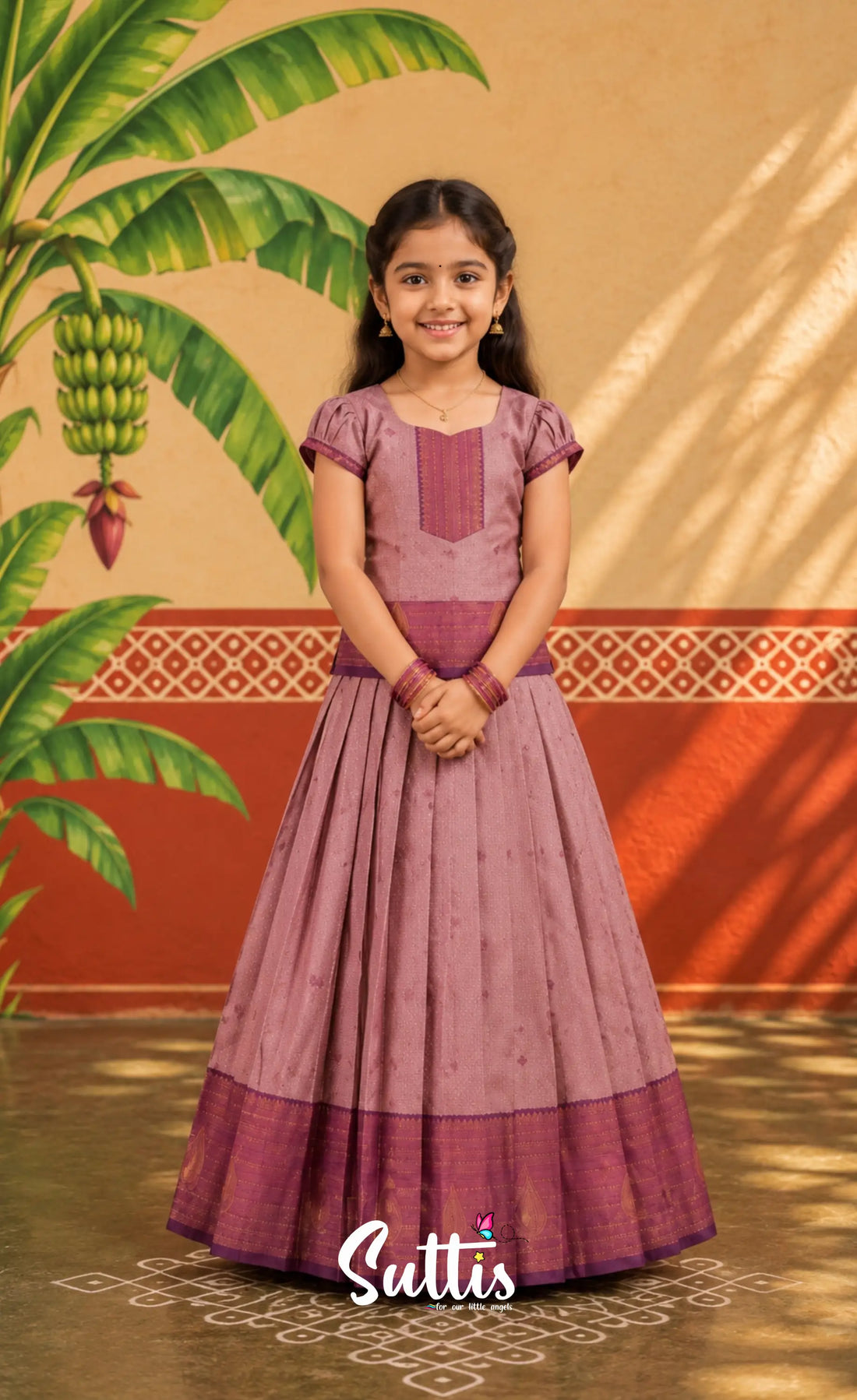 Blended Silk Pavadai Sattai - Mauve and Deep Magenta - Kids-Suttis