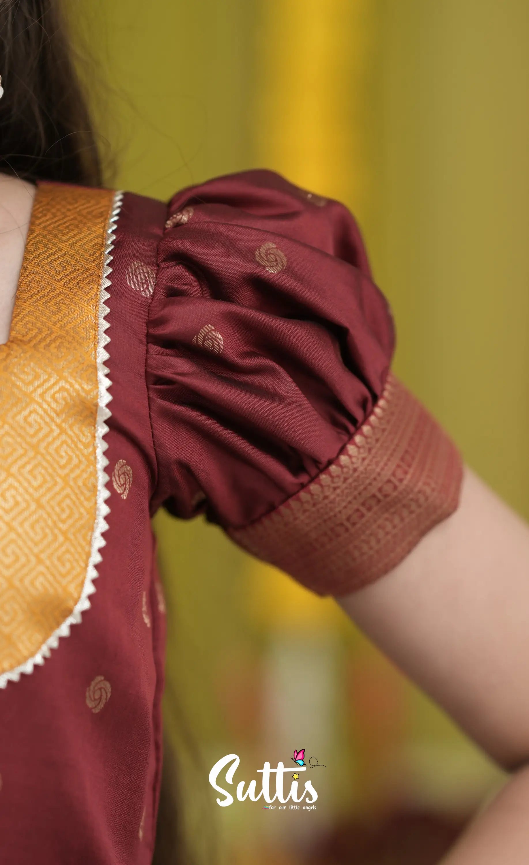 Blended Silk Pavadai Sattai - Mustard Yellow and Maroon Kids-Suttis