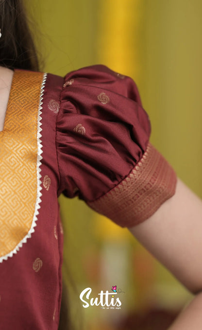 Blended Silk Pavadai Sattai - Mustard Yellow and Maroon Kids-Suttis