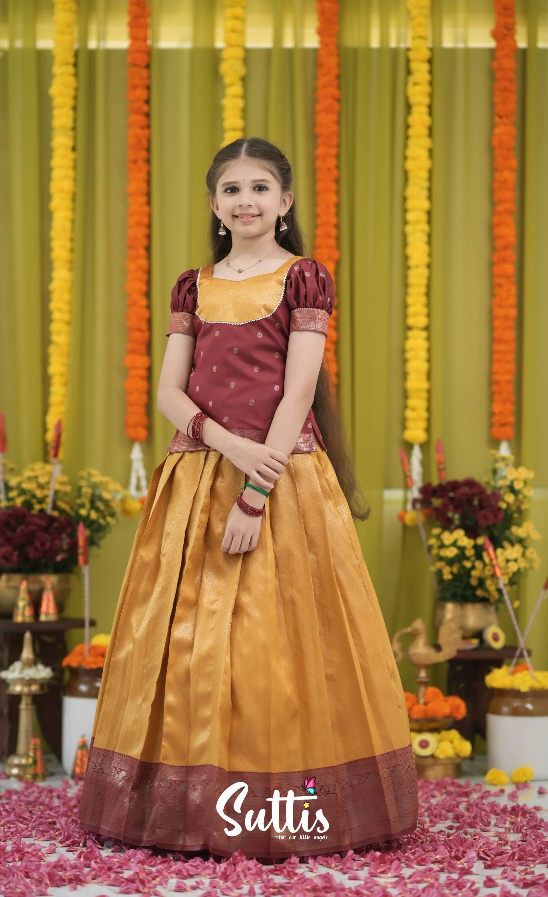 Blended Silk Pavadai Sattai - Mustard Yellow and Maroon Kids-Suttis